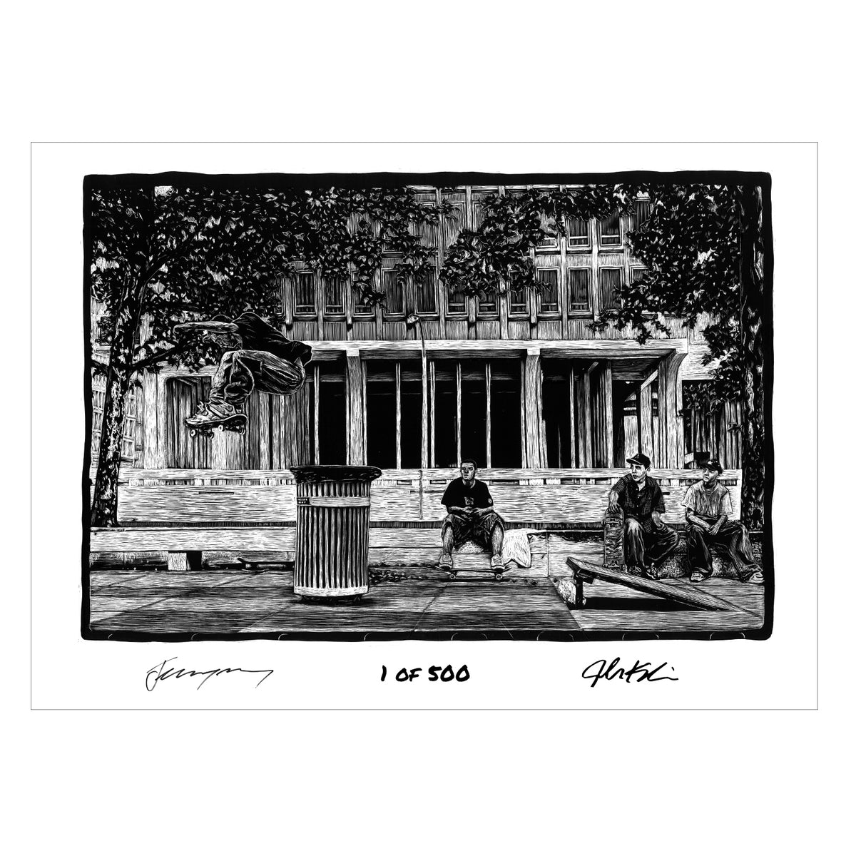 A black and white art print featuring a street scene with a person jumping on a trampoline, seated figures, trees, and a building in the background. The print is signed by the artist at the bottom and includes the text '1 OF 500'.